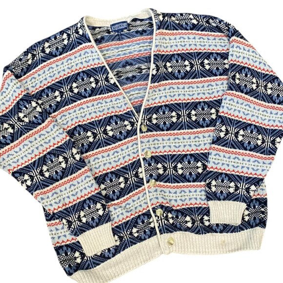 Lands' End Other - Vintage 90s Lands End Mens L Grandpa Cardigan Sweater Fair Isle Cotton Snowflake